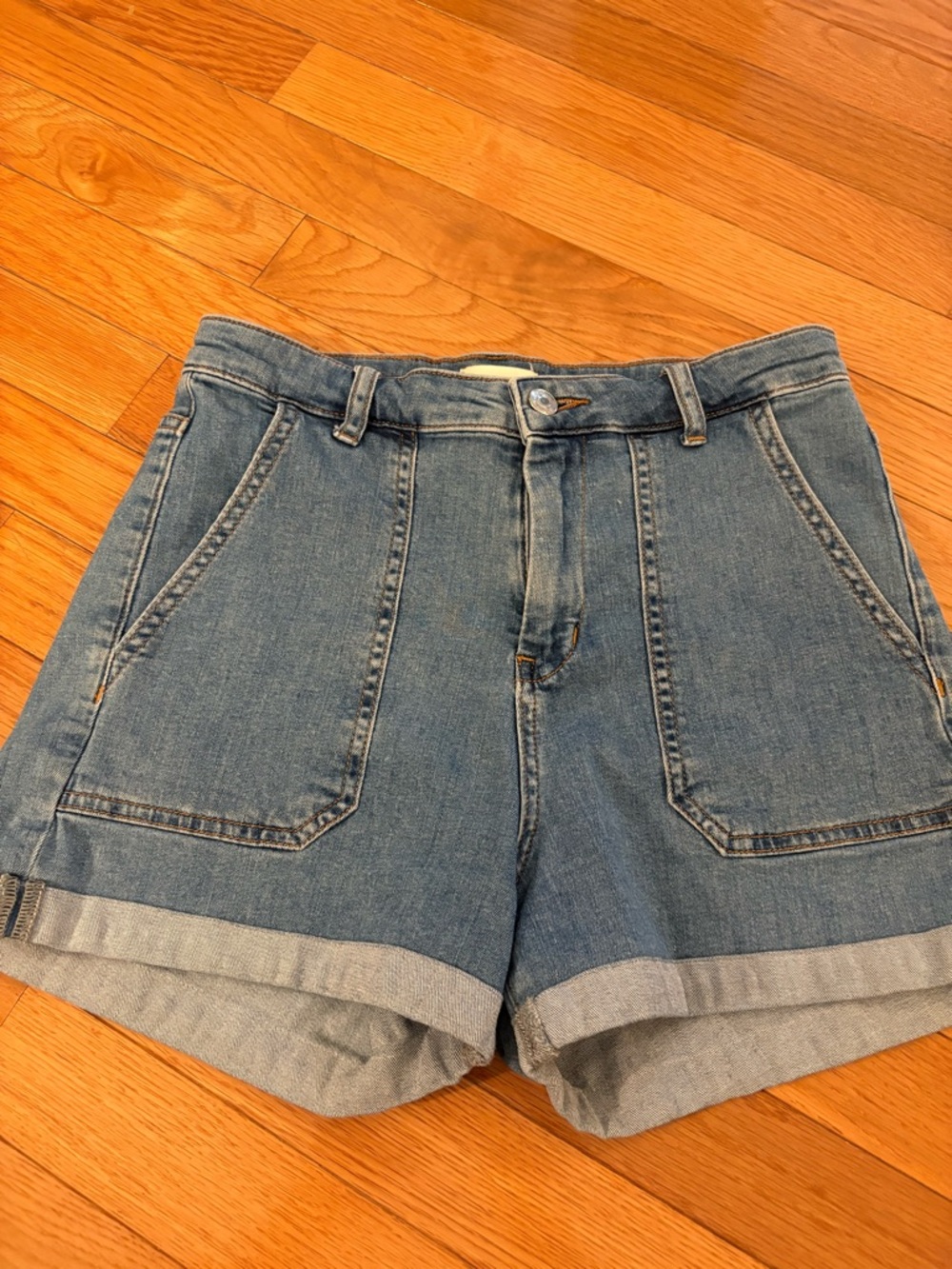 High-Waist Light Blue Denim Roll-Cuff Shorts